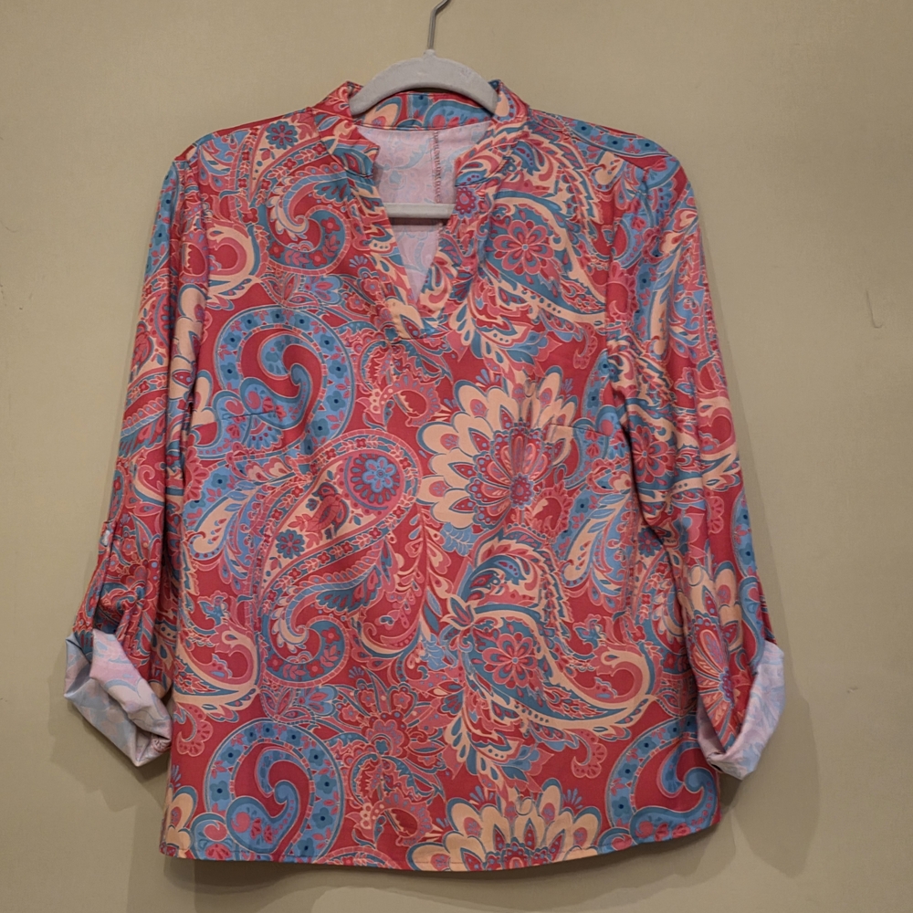 Women's Paisley Print Top, Boho 3/4 Sleeve Pink & Blue Size Medium
